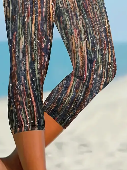 Casual Abstract Stripes Capris Elastic Waist Printing Leggings