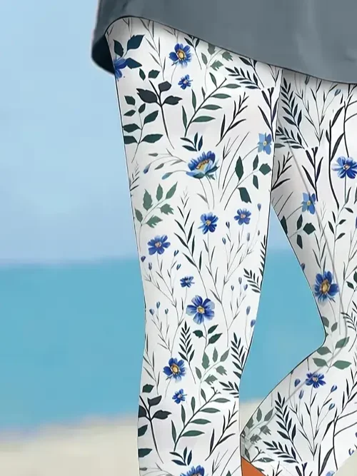 Casual Floral Capris Elastic Waist Printing Leggings