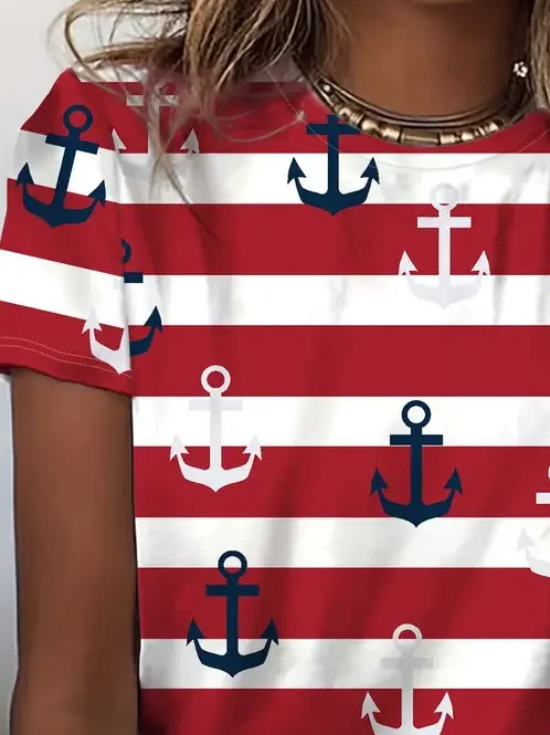 Casual Striped Crew Neck Short Sleeve T-shirt