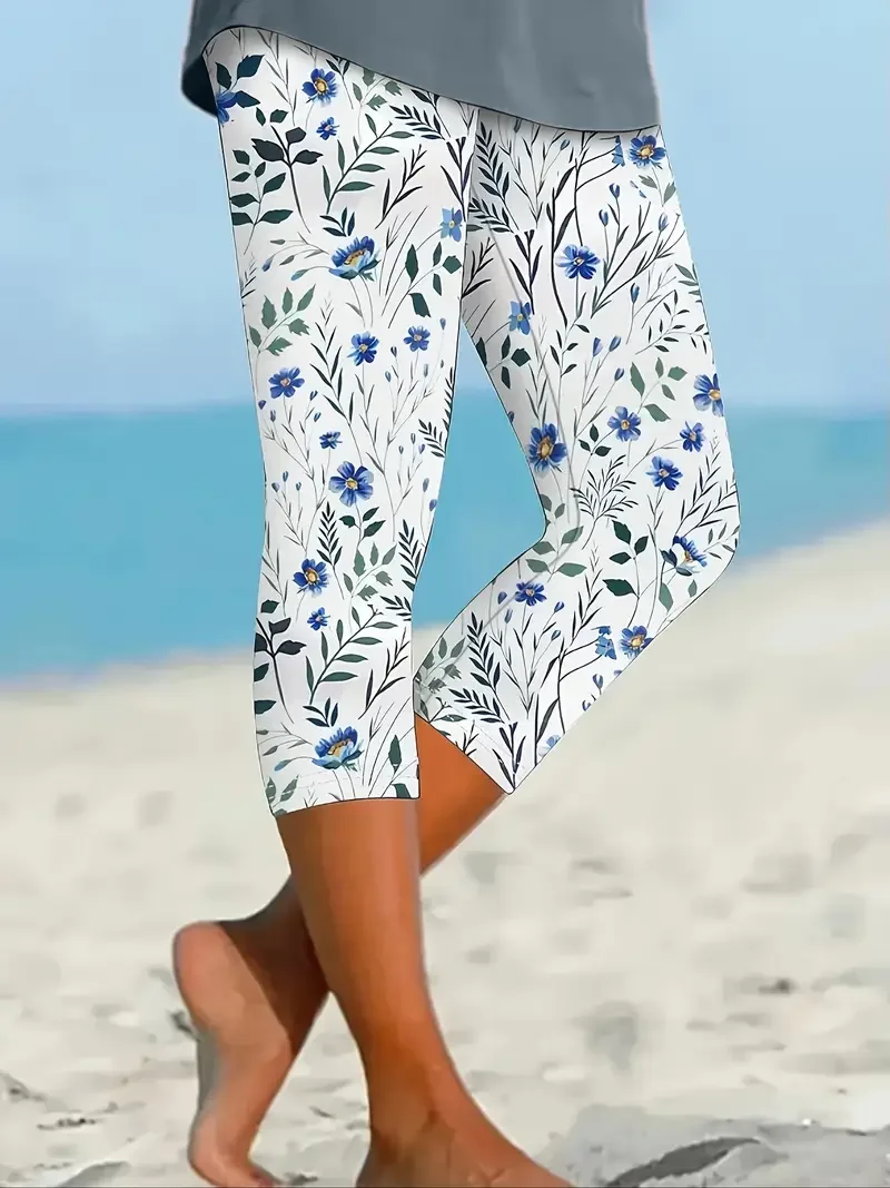 Casual Floral Capris Elastic Waist Printing Leggings