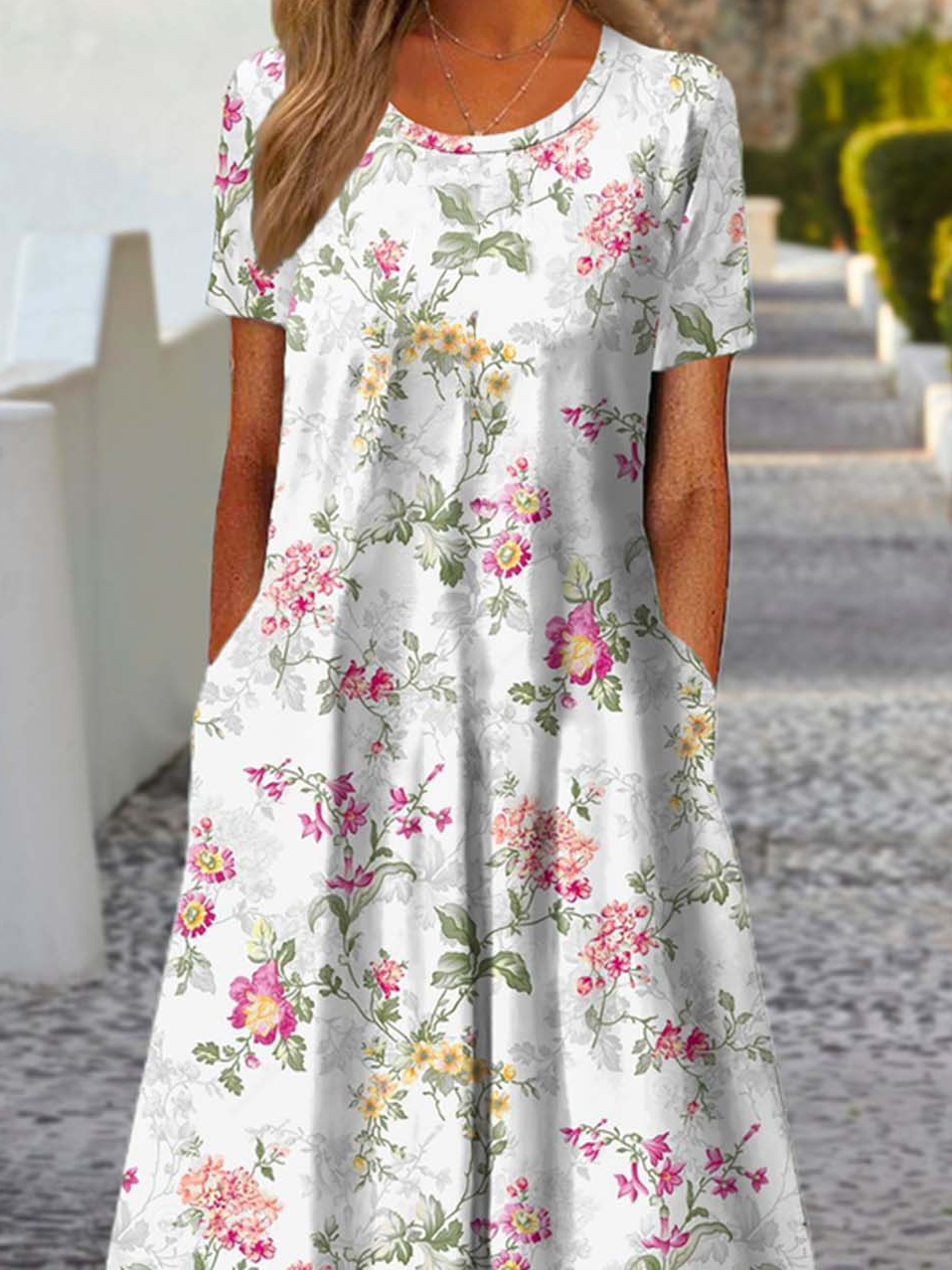 Women Floral Print Crew Neck Half Sleeve Comfy Vintage Maxi Dress