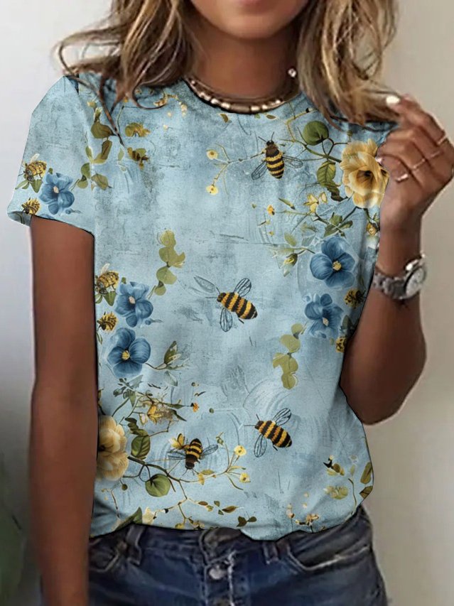 Casual Floral Crew Neck Sleeveless T-shirt