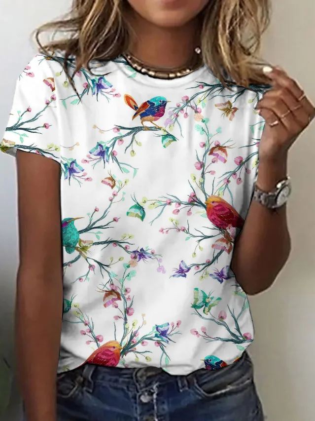 Casual Floral Crew Neck Short Sleeve T-shirt