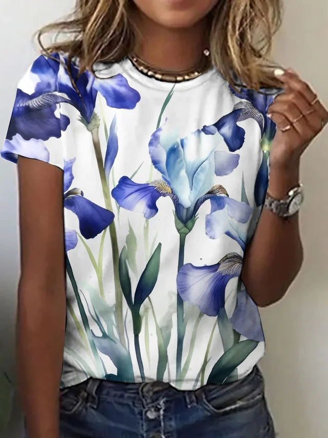 Casual Floral Crew Neck Short Sleeve T-shirt