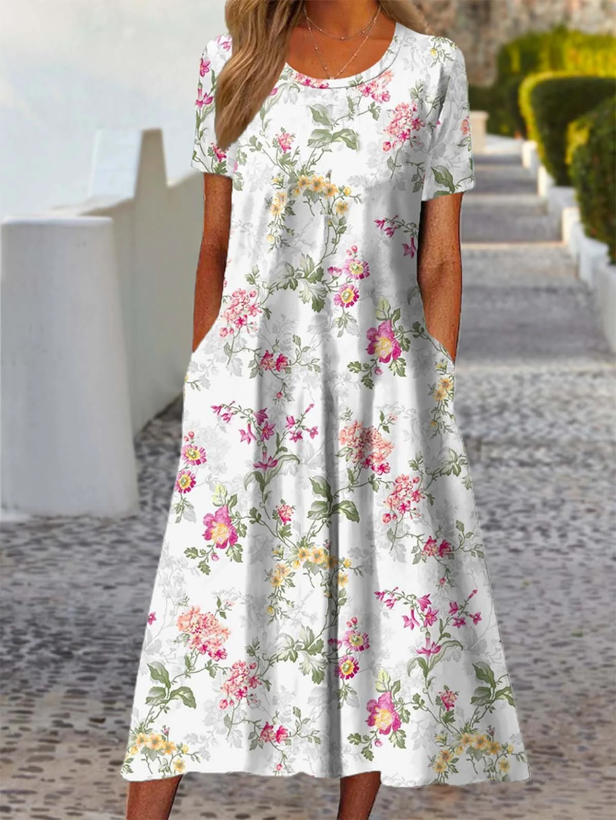 Women Floral Print Crew Neck Half Sleeve Comfy Vintage Maxi Dress