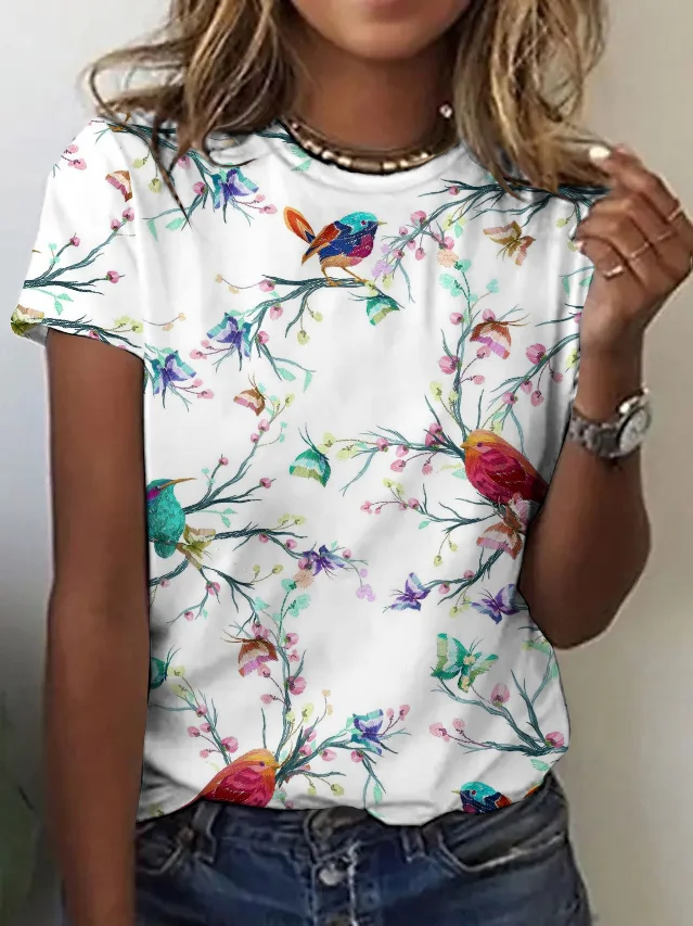 Casual Floral Crew Neck Short Sleeve T-shirt