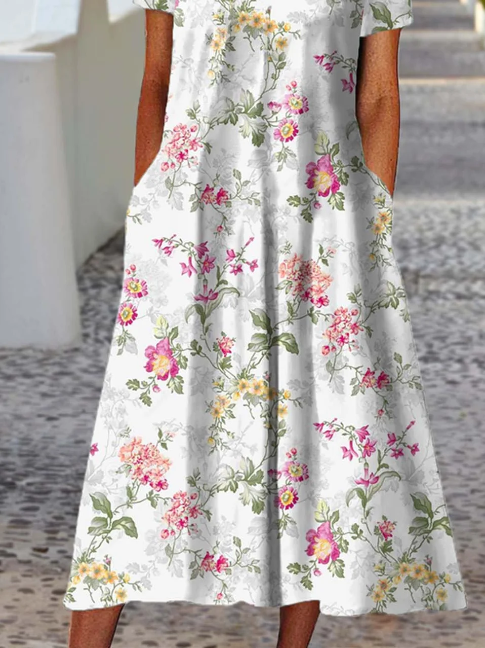 Women Floral Print Crew Neck Half Sleeve Comfy Vintage Maxi Dress