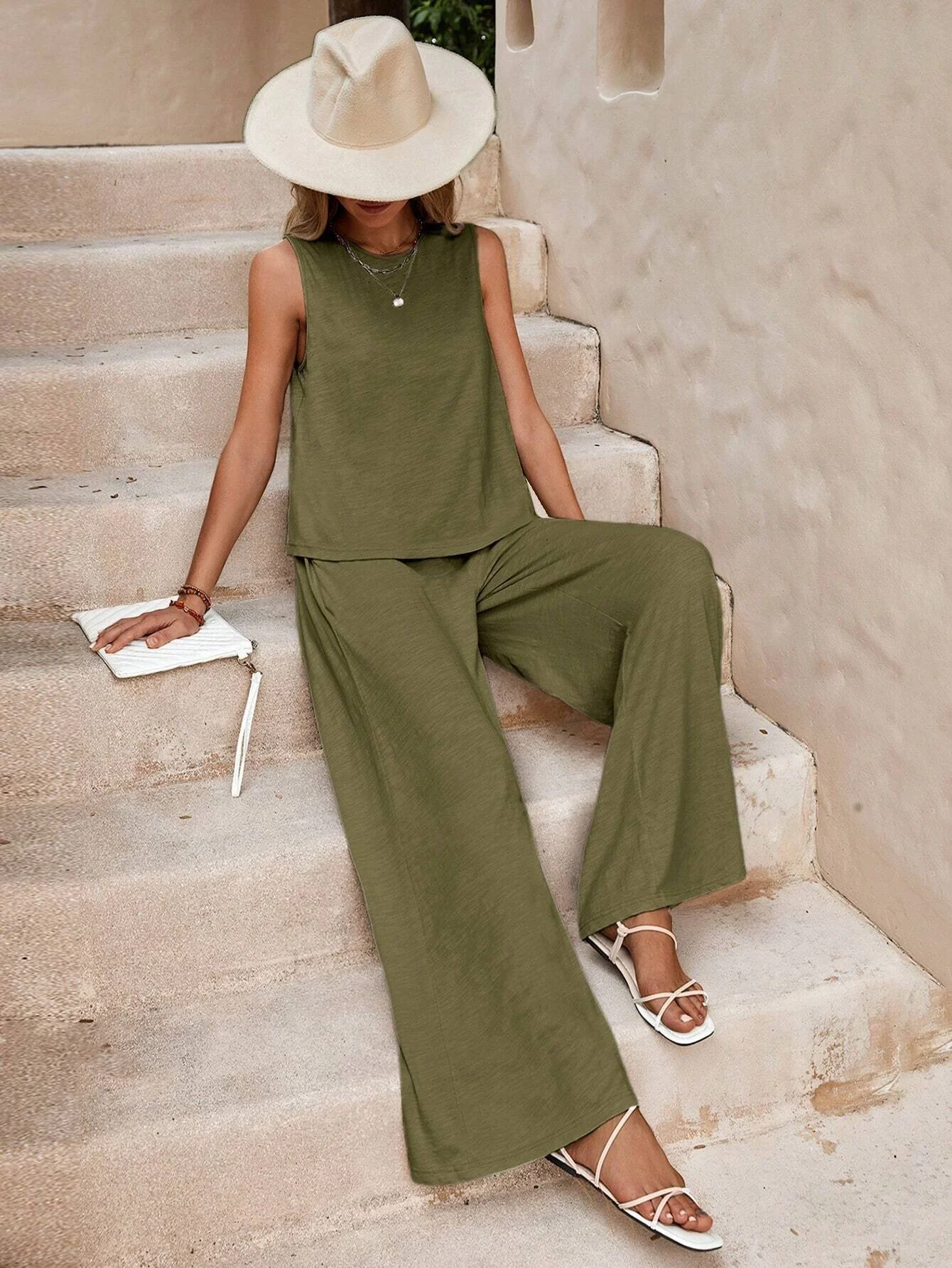 Women Plain Crew Neck Sleeveless Comfy Casual Top With Pants Two-Piece Set