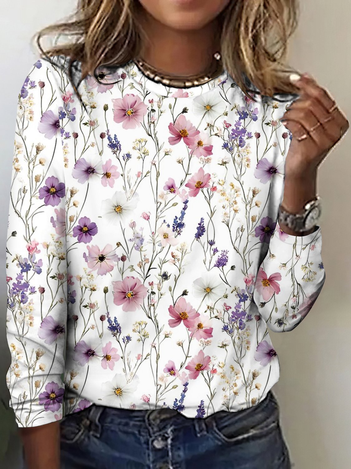 Casual Floral Art Print Crew Neck Long Sleeve T-shirt