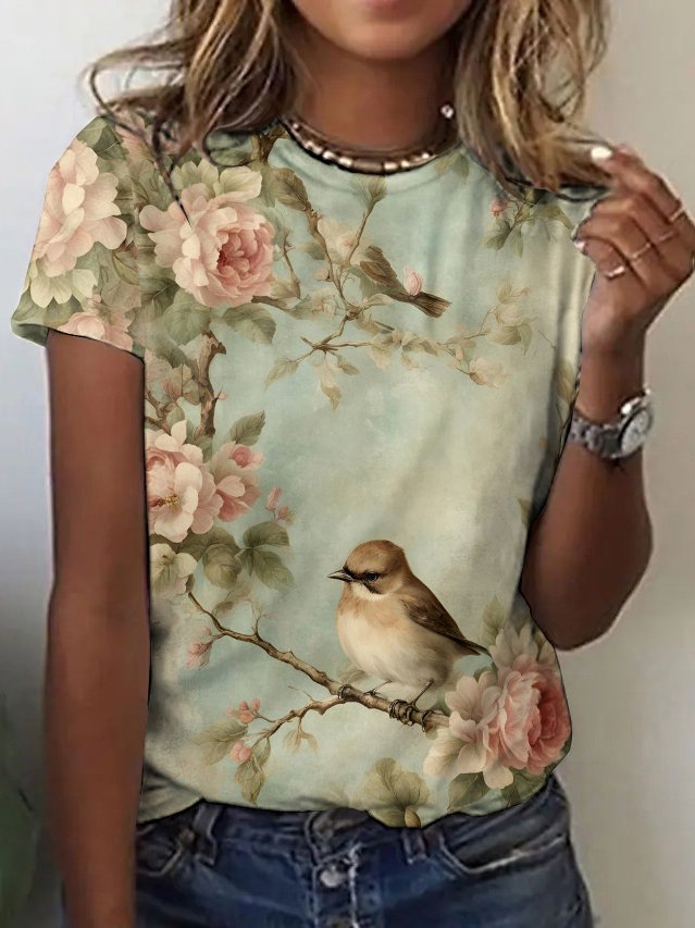 Casual Floral Crew Neck Short Sleeve Vintage T-shirt