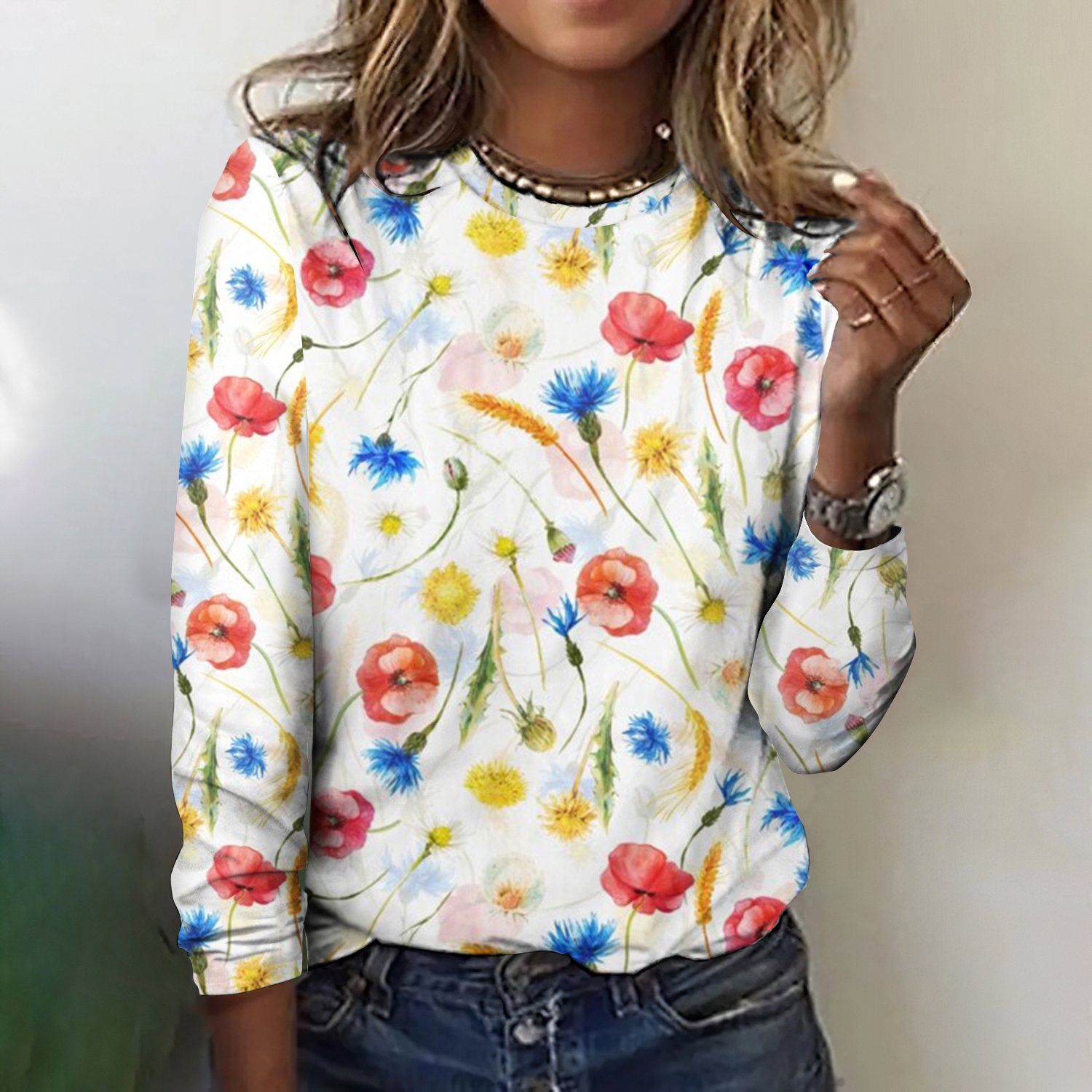 Casual Spring Floral Art Print Crew Neck Long Sleeve T-shirt