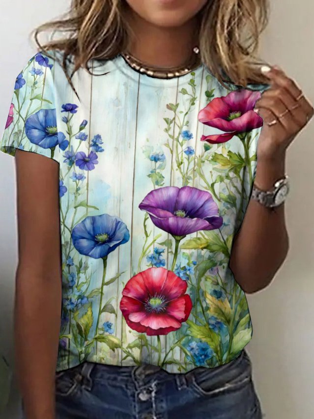 Casual Floral Art Print Crew Neck Short Sleeve T-shirt