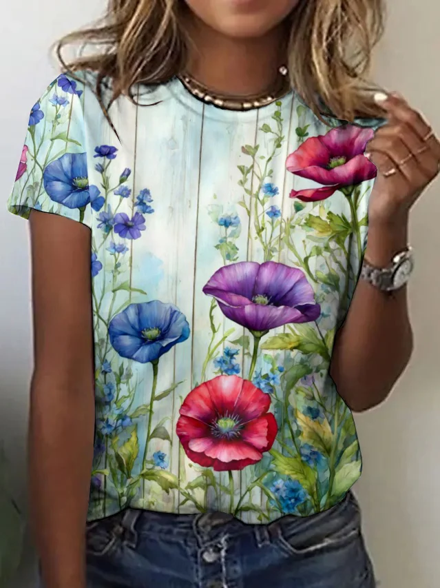 Casual Floral Art Print Crew Neck Short Sleeve T-shirt