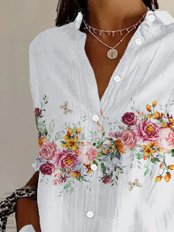 Shirt Collar Long Sleeve Floral Buckle Regular Loose Button Up Shirt Shirt For Women