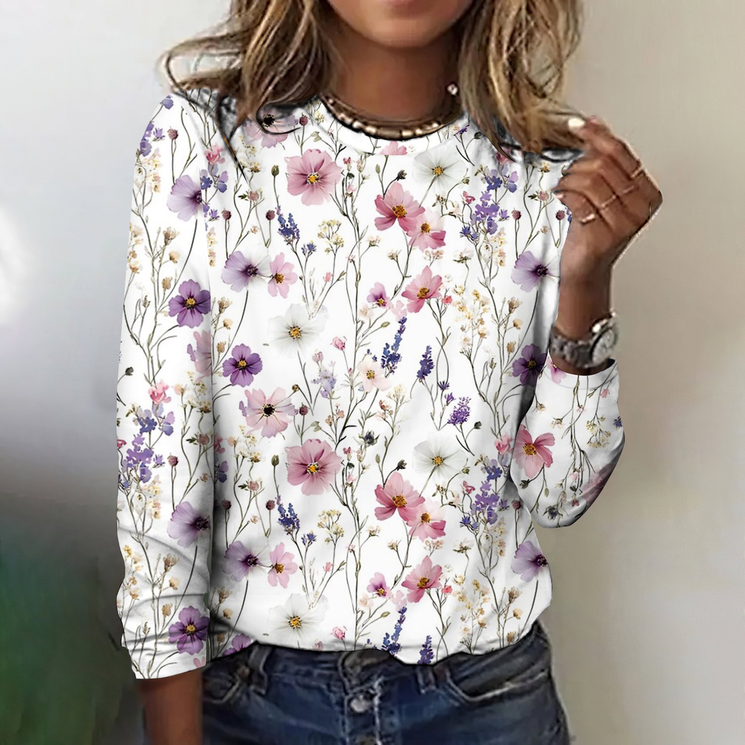 Casual Floral Art Print Crew Neck Long Sleeve T-shirt