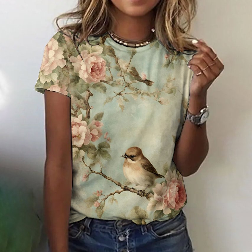 Casual Floral Crew Neck Short Sleeve Vintage T-shirt