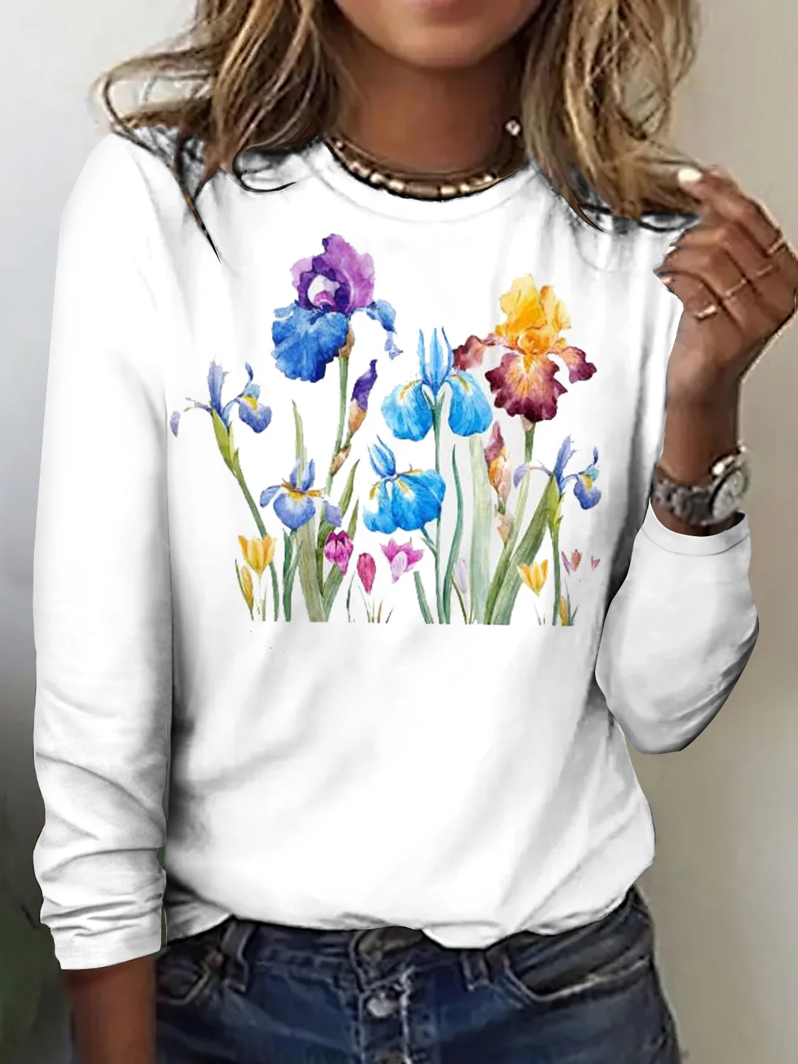 Casual Floral Crew Neck Long Sleeve T-shirt