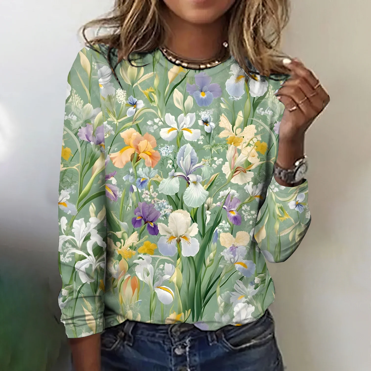 Casual Floral Crew Neck Long Sleeve T-shirt