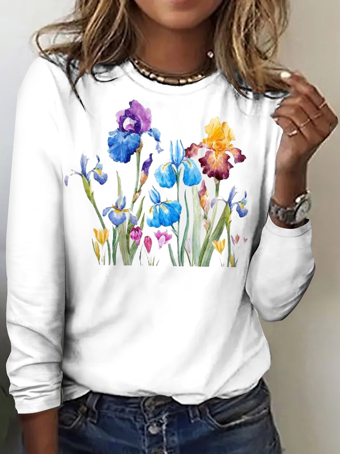Casual Floral Crew Neck Long Sleeve T-shirt