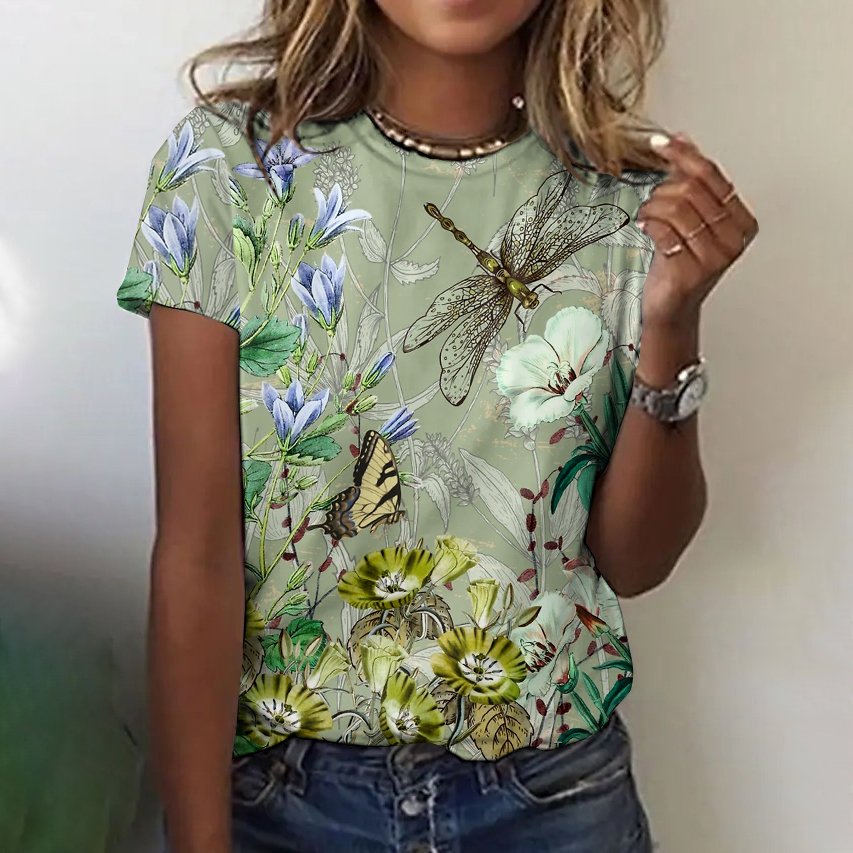 Casual Floral Crew Neck Short Sleeve T-shirt
