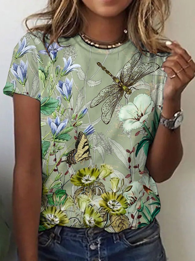 Casual Floral Crew Neck Short Sleeve T-shirt