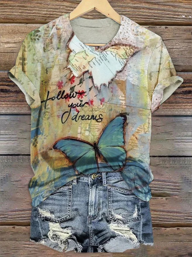 Vintage Butterfly Art Pattern Print Crew Neck Short Sleeve T-shirt