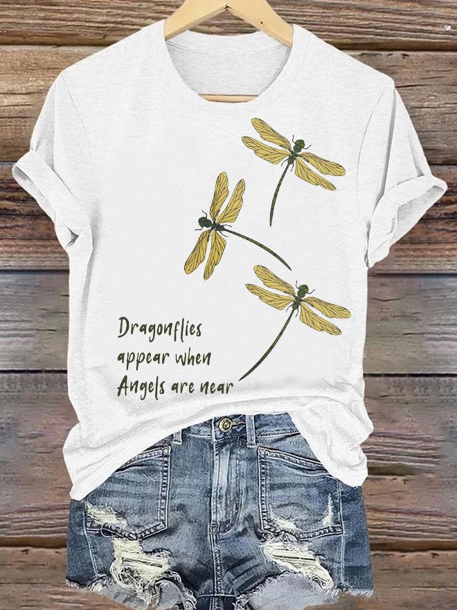 Casual Dragonfly Pattern Crew Neck Short Sleeve T-shirt