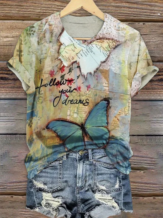 Vintage Butterfly Art Pattern Print Crew Neck Short Sleeve T-shirt