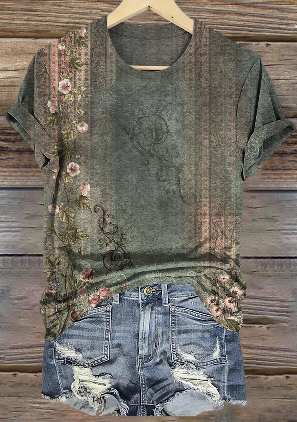 Vintage Casual Floral Print Crew Neck Short Sleeve T-shirt