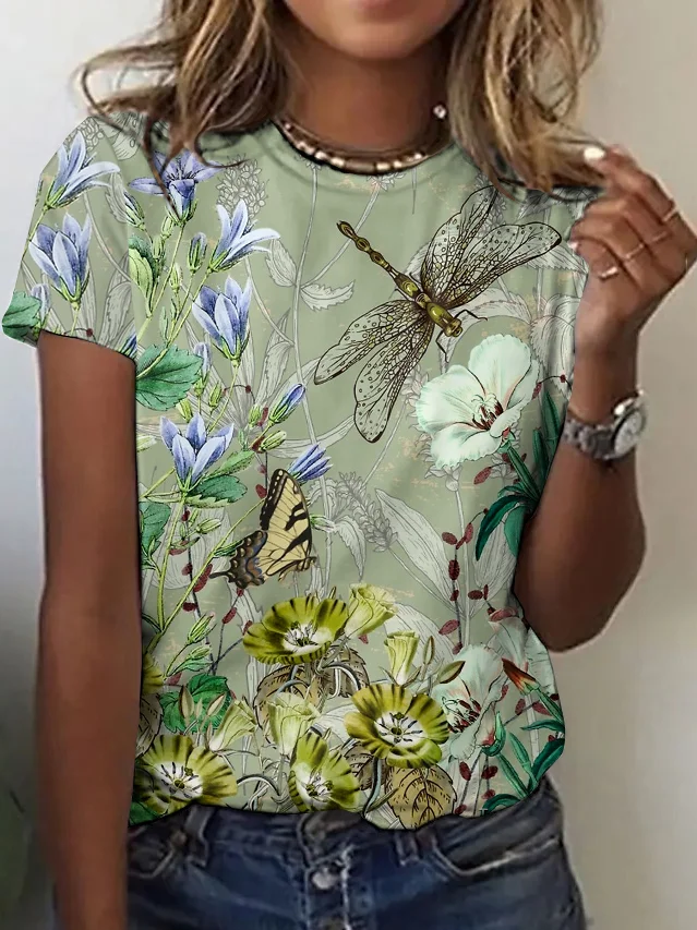 Casual Floral Crew Neck Short Sleeve T-shirt