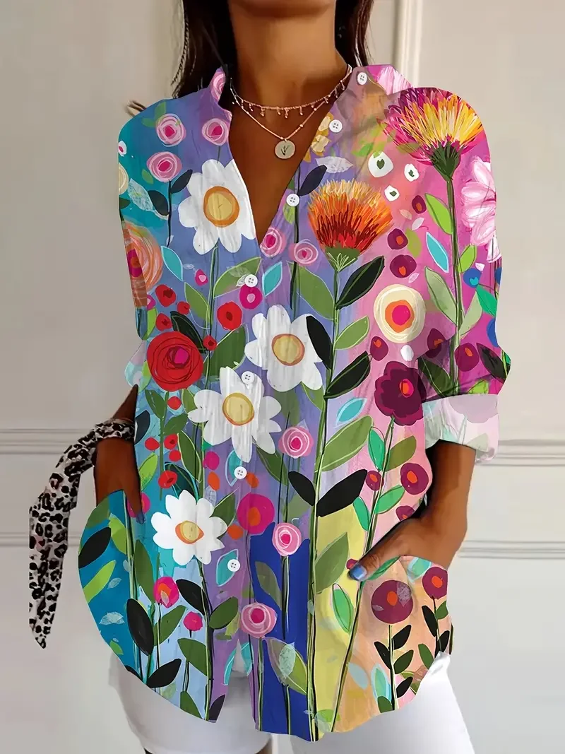 Shirt Collar Long Sleeve Floral Buckle Regular Loose Button Up Shirt Shirt For Women