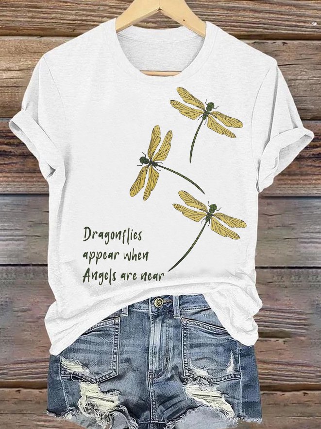 Casual Dragonfly Pattern Crew Neck Short Sleeve T-shirt
