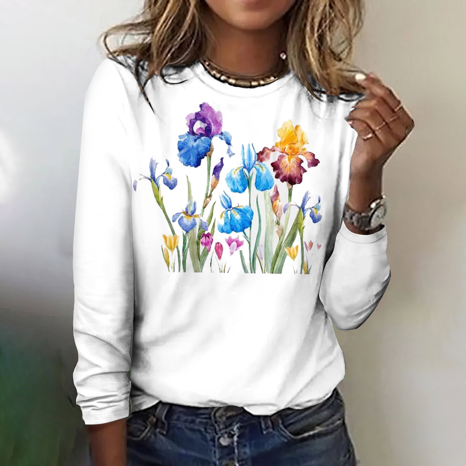 Casual Floral Crew Neck Long Sleeve T-shirt