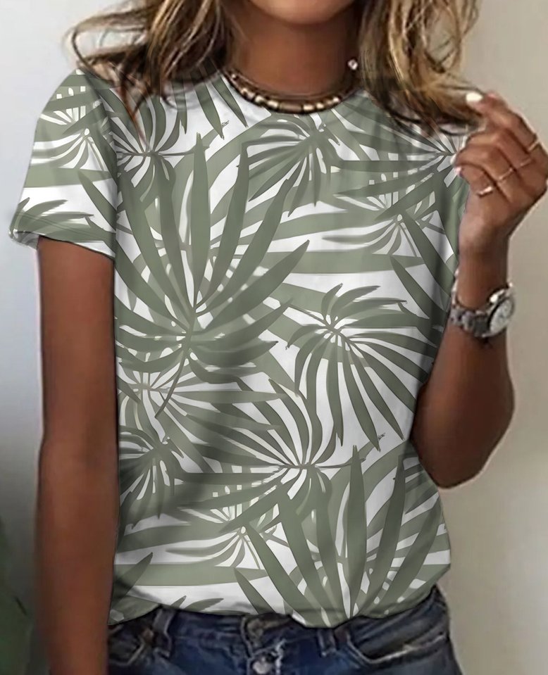 Casual Leaf Crew Neck Short Sleeve T-shirt