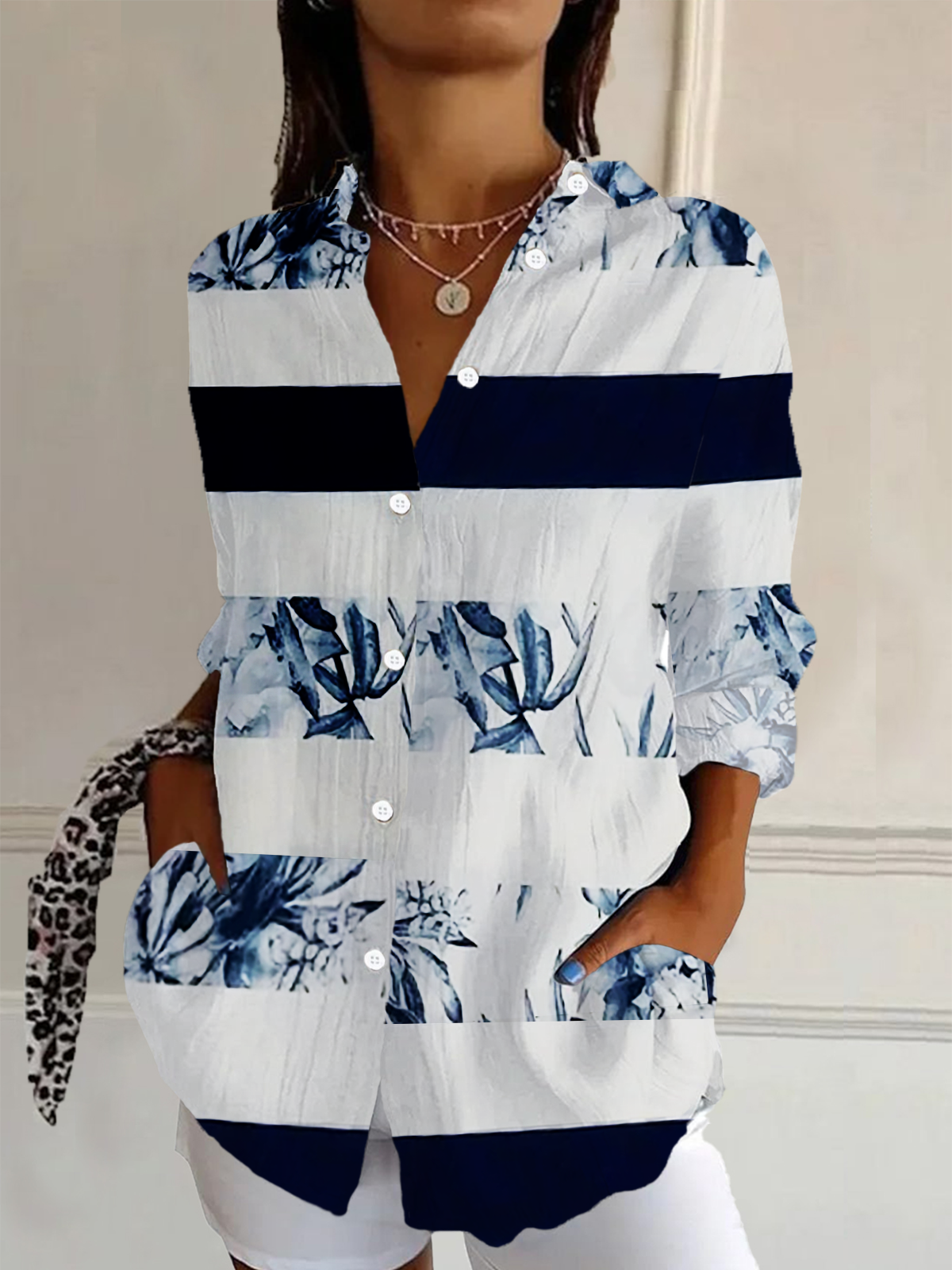 Shirt Collar Long Sleeve Striped Buckle Regular Loose Button Up Shirt Shirt For Women