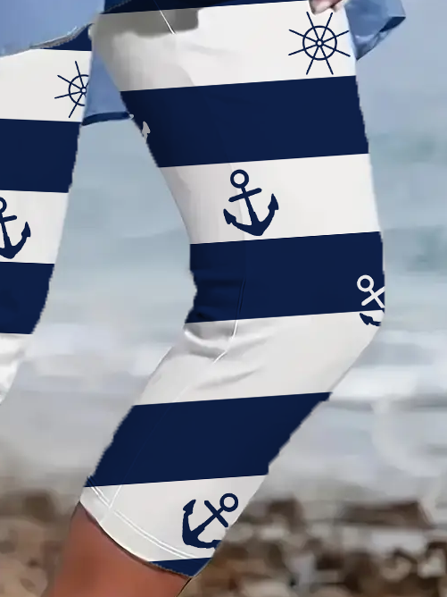 Casual Striped Capris Elastic Waist Printing Leggings