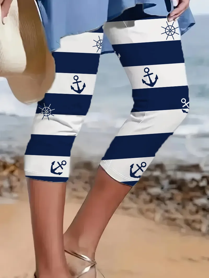 Casual Striped Capris Elastic Waist Printing Leggings