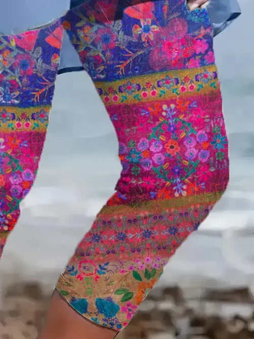 Casual Floral Capris Elastic Waist Printing Leggings