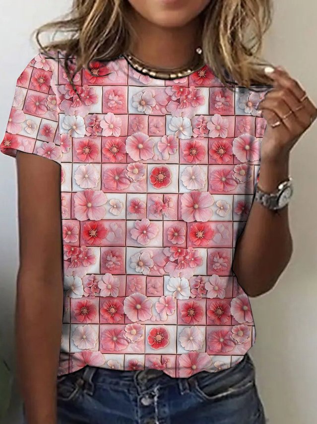 Casual Spring Floral Crew Neck Short Sleeve T-shirt