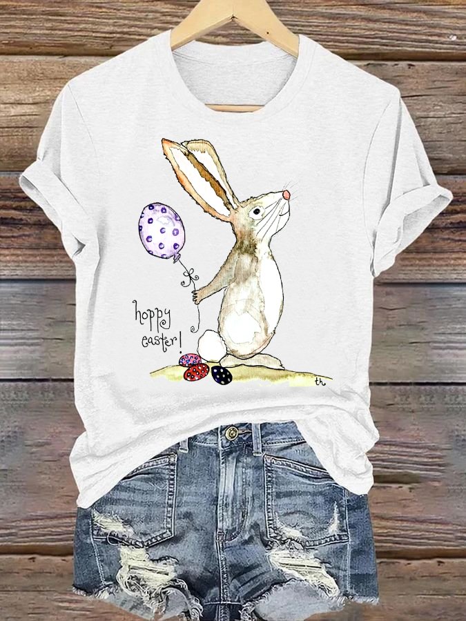 Easter Bunny Print Crew Neck Short Sleeve T-shirt
