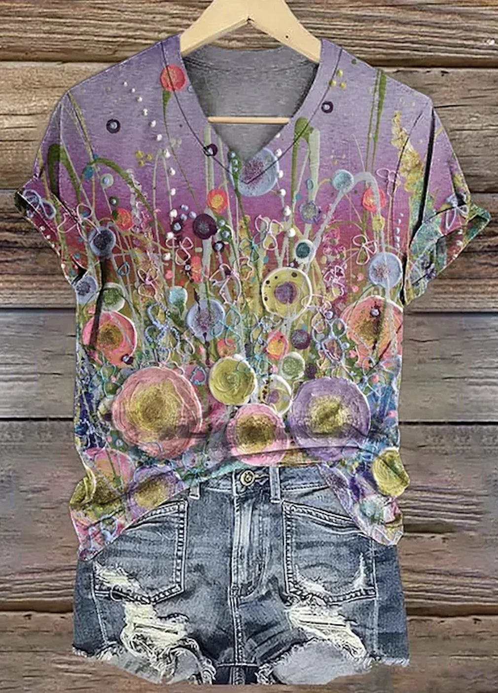 Casual Floral Art Print V Neck Short Sleeve T-shirt