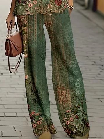 Women Floral Crew Neck Long Sleeve Comfy Casual Printing Top With Pants Two-Piece Set
