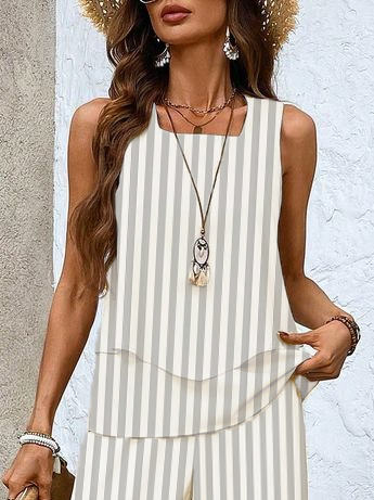 Women Striped Crew Neck Sleeveless Comfy Casual Printing Top With Pants Two-Piece Set