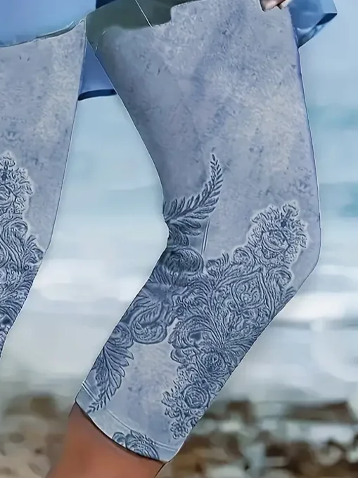 Casual Floral Capris Elastic Waist Printing Pants