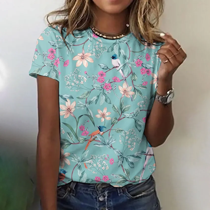Casual Floral Crew Neck Short Sleeve T-shirt