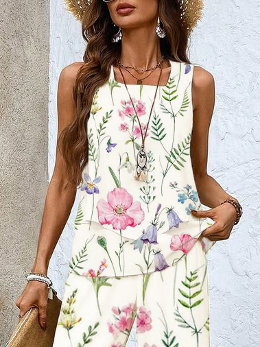 Women Floral Crew Neck Sleeveless Comfy Casual Printing Top With Pants Two-Piece Set
