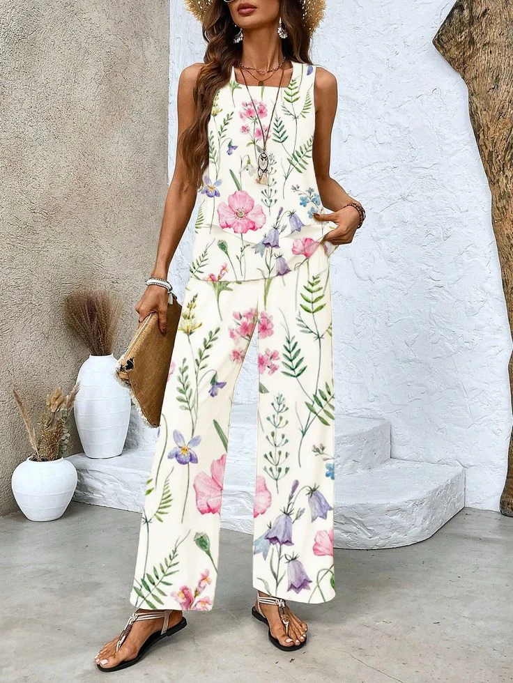Women Floral Crew Neck Sleeveless Comfy Casual Printing Top With Pants Two-Piece Set