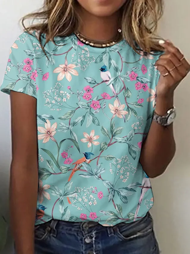 Casual Floral Crew Neck Short Sleeve T-shirt