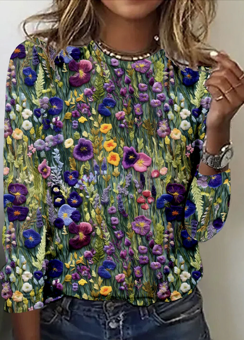 Casual Floral Crew Neck Long Sleeve T-shirt