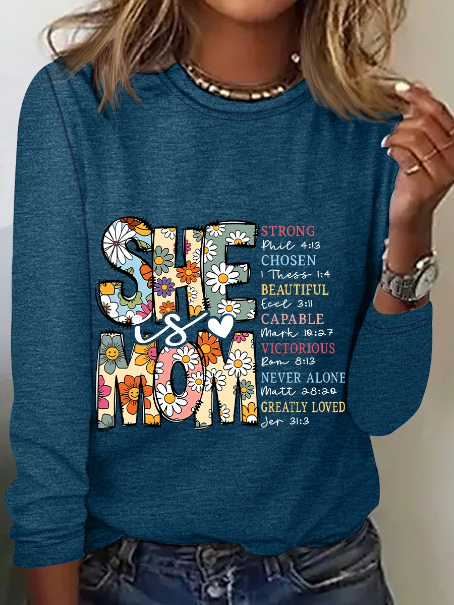 Crew Neck Long Sleeve Text Letters Regular Medium Elasticity Loose Blouse_ For Women